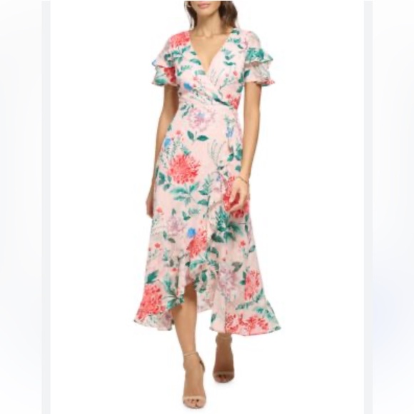 kenzie Dresses & Skirts - NWOT Kenzie Sz 0 Women’s Pink Floral Ruffle Midi Short Sleeve Dress Ret $149!